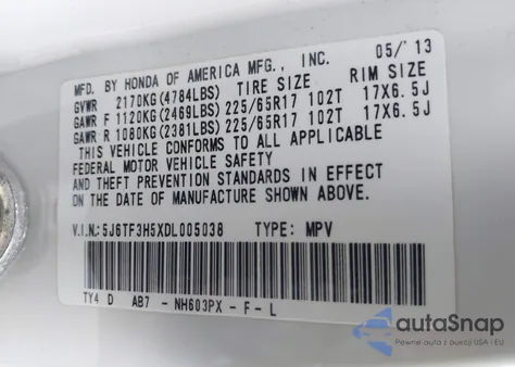 2013 Honda Crosstour Ex-L from USA, damaged, VIN 5J6TF3H5XDL005038